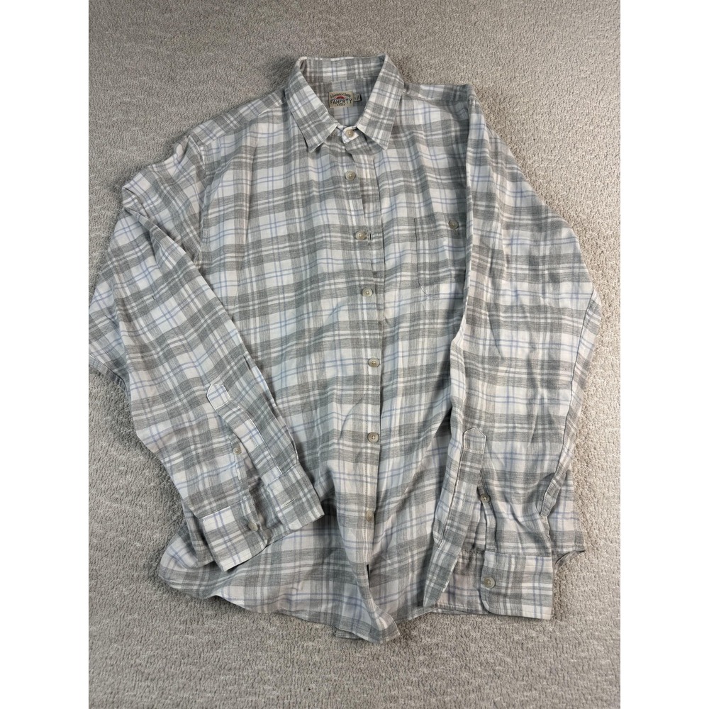 Faherty Shirt Mens Medium Gray‎ White Blue Plaid Button Down Long Sleeve Pocket